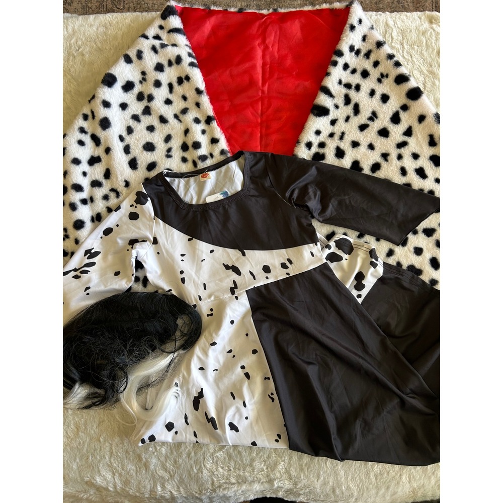 Girls 6 Halloween Costume Cruella Dalmatian Dress Cape Wig 3pc Set NWT